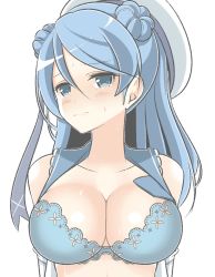 Rule 34 | 10s, 1girl, bad id, bad nicoseiga id, bare shoulders, beret, blue bra, blue eyes, blue hair, blush, bra, breasts, cleavage, collarbone, commentary request, double bun, elbow gloves, eyebrows, gloves, hair bun, hat, kantai collection, large breasts, lips, long hair, looking at viewer, masupa kiriu, matching hair/eyes, open clothes, open shirt, sailor collar, sailor hat, shirt, solo, sweatdrop, underwear, upper body, urakaze (kancolle), white background, white gloves, white hat