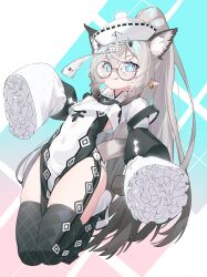 Rule 34 | 1girl, absurdres, animal ear fluff, animal ears, black thighhighs, blue eyes, breasts, china dress, chinese clothes, covered navel, dress, earrings, frilled sleeves, frills, full body, glasses, grey hair, hat, highres, jewelry, jumping, long hair, long sleeves, looking at viewer, mosou keito, multicolored hair, ofuda, original, pointy ears, ponytail, round eyewear, sleeves past fingers, sleeves past wrists, small breasts, smile, solo, thighhighs, tongue, tongue out, white dress, wide sleeves