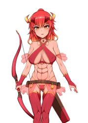 Rule 34 | 1girl, abs, ass, belt, blush, bow, bra, breasts, coco ankou, gloves, horns, long hair, muscular, open mouth, panties, pathfinder, pocket, pointy ears, quiver, red hair, smile, underwear, weapon, yellow eyes
