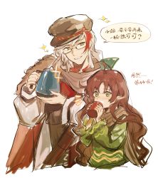 Rule 34 | 1boy, 1girl, arknights, brown scarf, cabbie hat, cup, elysium (arknights), elysium (snowy echo) (arknights), etiv, feather hair, fur-trimmed jacket, fur trim, glasses, green eyes, green sweater, grey eyes, hat, highres, holding, holding cup, jacket, kettle, light blush, long hair, multicolored hair, myrtle (arknights), official alternate costume, pointy ears, red hair, scarf, semi-rimless eyewear, simple background, sparkle, streaked hair, striped clothes, striped sweater, sweater, translated, upper body, white background, white hair