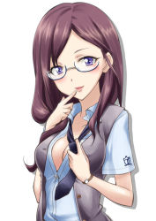 Rule 34 | 10s, 1girl, blush, breasts, brown hair, cleavage, collarbone, finger to mouth, glasses, idolmaster, idolmaster cinderella girls, long hair, necktie, open mouth, purple eyes, school uniform, short sleeves, solo, tame meshi, unbuttoned, white background, yagami makino