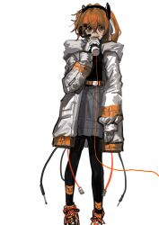 Rule 34 | 1girl, a.i. voice, absurdres, adachi rei, arm at side, as-gold-ice, belt, black pantyhose, black shirt, cable, chinese commentary, commentary request, cup, fang, full body, gloves, grey skirt, hair between eyes, hair ribbon, headset, high-waist skirt, highres, holding, holding cup, hood, hood down, hooded jacket, jacket, long sleeves, looking to the side, open mouth, orange belt, orange eyes, orange hair, pantyhose, radio antenna, ribbon, ringed eyes, shirt, shirt tucked in, shoes, side ponytail, simple background, skirt, sneakers, solo, standing, string phone, utau, white background, white gloves, white jacket, white ribbon