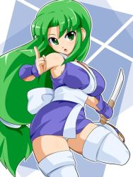 Rule 34 | 1girl, :o, arm guards, armpits, bare shoulders, blue background, breasts, curvy, eyebrows, female focus, ganbare goemon, green eyes, green hair, holding, holding weapon, japanese clothes, kimono, knife, konpeto, kuji-in, large breasts, leg up, long hair, looking at viewer, low-tied long hair, matching hair/eyes, ninja, open mouth, outline, panties, pantyshot, sandals, sash, short kimono, sidelocks, single toe, solo, thick thighs, thighhighs, thighs, toeless legwear, toes, underwear, very long hair, weapon, white panties, white thighhighs, wide hips, yae (ganbare goemon), zettai ryouiki