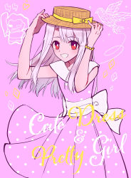 Rule 34 | 1girl, :d, absurdres, bare arms, bow, bracelet, dress, eyelashes, fate/stay night, fate (series), floating hair, hair between eyes, hat, hat bow, hat ribbon, heracles (fate), highres, illyasviel von einzbern, jewelry, long hair, nayu tundora, open mouth, pink background, pink dress, pleated dress, polka dot, polka dot dress, red eyes, ribbon, silver hair, sleeveless, sleeveless dress, smile, solo, standing, straight hair, sun hat, title, yellow bow, yellow ribbon