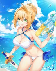 Rule 34 | 0v0 (l seohui), 1girl, :d, absurdres, ahoge, artoria pendragon (fate), artoria pendragon (swimsuit archer) (fate), artoria pendragon (swimsuit archer) (first ascension) (fate), bare arms, bare shoulders, bikini, blonde hair, blue sky, braid, braided bun, breasts, cleavage, cloud, cowboy shot, criss-cross halter, day, dual wielding, excalibur (fate/stay night), fate/grand order, fate (series), green eyes, hair bun, hair intakes, halterneck, highres, holding, holding sword, holding weapon, large breasts, long hair, looking at viewer, navel, open mouth, outdoors, side-tie bikini bottom, sidelocks, sky, smile, solo, stomach, sunlight, swimsuit, sword, thighs, water gun, weapon, white bikini
