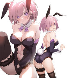 Rule 34 | 1girl, animal ears, arm warmers, ass, back, backless outfit, bare shoulders, black thighhighs, blush, breasts, bunny day, cleavage, clothing cutout, cowboy shot, detached collar, eyes visible through hair, fake animal ears, fake tail, fate/grand order, fate (series), from behind, hair between eyes, highres, leotard, looking at viewer, looking back, mash kyrielight, medium breasts, midriff, multiple views, navel, navel cutout, open mouth, pink hair, playboy bunny, purple eyes, purple leotard, rabbit ears, rabbit tail, revision, short hair, siino, simple background, sitting, tail, thigh strap, thighhighs, white background, wrist cuffs