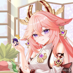 Rule 34 | 2girls, :d, absurdres, animal ears, artist name, bai fan pwr, breasts, chinese commentary, commentary request, crossed bangs, dango, day, detached sleeves, earrings, floppy ears, food, fox ears, genshin impact, hair ornament, hand on own arm, hand up, highres, indoors, japanese clothes, jewelry, large breasts, long hair, looking at another, multiple girls, nail polish, nontraditional miko, notice lines, open mouth, pink hair, pink nails, purple eyes, purple hair, raiden shogun, sanshoku dango, sidelocks, smile, turtleneck, vision (genshin impact), wagashi, window shadow, yae miko