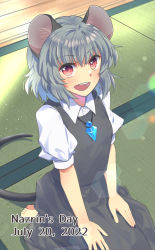 Rule 34 | 1girl, :d, animal ear fluff, animal ears, barefoot, blush, breasts, collared shirt, commentary request, crystal, dated, full body, grey hair, grey skirt, grey vest, hands on lap, highres, jewelry, lens flare, looking at viewer, mouse ears, mouse girl, mouse tail, nayozane (worker7), nazrin, open mouth, pendant, red eyes, round teeth, seiza, shirt, short hair, short sleeves, sitting, skirt, skirt set, small breasts, smile, solo, tail, tatami, teeth, touhou, vest, white shirt