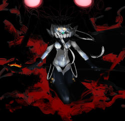 Rule 34 | 10s, 1girl, absurdres, abyssal ship, black gloves, bodysuit, breasts, gloves, glowing, glowing eyes, gradient background, headwear request, highres, kantai collection, kumonji aruto, long hair, looking at viewer, solo, staff, tongue, tongue out, white hair, wo-class aircraft carrier, yellow eyes