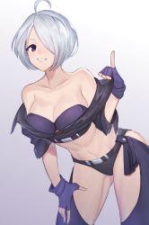 Rule 34 | 1girl, ahoge, angel (kof), arm support, backless pants, bare shoulders, belt, bikini, breasts, cleavage, clothes pull, collarbone, eyebrows hidden by hair, fingerless gloves, gloves, gradient background, grin, hair over one eye, highres, jacket, jacket pull, large breasts, leaning forward, linea alba, looking at viewer, mexico, midriff, nori tarou, panties, pants, pinky out, purple eyes, short hair, silver hair, simple background, smile, solo, strapless, strapless bikini, swept bangs, swimsuit, the king of fighters, underwear