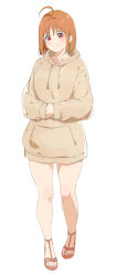 Rule 34 | 1girl, ahoge, alternate costume, bare legs, blush, brown hoodie, closed mouth, highres, hood, hoodie, looking at viewer, love live!, love live! sunshine!!, no pants, orange hair, red eyes, sandals, sato uma, short hair, simple background, sleeves past wrists, smile, solo, tachi-e, takami chika, thigh gap, white background