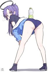 Rule 34 | 1girl, ass, bent over, black footwear, black shirt, blue archive, blue buruma, blue eyes, blue jacket, bottle, buruma, dated, from behind, full body, halo, highres, jacket, long hair, looking at viewer, myeolchi, official alternate costume, plastic bottle, ponytail, purple hair, shirt, shoes, simple background, sneakers, solo, star sticker, sticker on face, sweat, thighs, track jacket, water bottle, white background, yuuka (blue archive), yuuka (track) (blue archive)