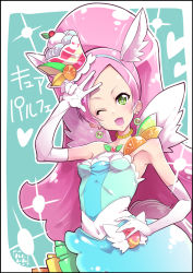 Rule 34 | 10s, 1girl, ;d, aqua background, bare shoulders, cake hair ornament, covered navel, cure parfait, earrings, elbow gloves, food-themed hair ornament, gloves, green eyes, hair ornament, hamuhamu, jewelry, kirahoshi ciel, kirakira precure a la mode, long hair, looking at viewer, magical girl, necklace, one eye closed, open mouth, parfait, pink hair, precure, smile, solo, sparkling eyes, v, white gloves