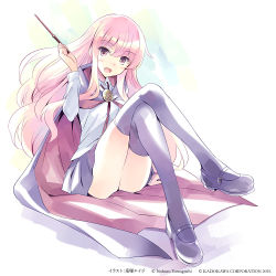Rule 34 | :d, blue cape, blue skirt, blue thighhighs, cape, fang, holding, holding wand, louise francoise le blanc de la valliere, mary janes, official art, open mouth, pink eyes, pink hair, shirt, shoes, signature, simple background, sitting, skirt, smile, thighhighs, thighs, usatsuka eiji, wand, white shirt, zero no tsukaima