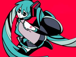 Rule 34 | 1girl, aqua eyes, aqua hair, aqua necktie, black footwear, black skirt, black sleeves, boots, closed mouth, collared shirt, colored skin, detached sleeves, full body, grey shirt, hair between eyes, hair ornament, halftone, hatsune miku, long hair, long sleeves, looking at viewer, machigami yoh, miniskirt, necktie, number tattoo, red background, shirt, simple background, skirt, sleeveless, sleeveless shirt, sleeves past fingers, sleeves past wrists, smile, solo, tattoo, thigh boots, thighhighs, twintails, very long hair, vocaloid, white skin, wide sleeves