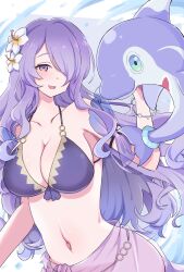 Rule 34 | 1girl, absurdres, alternate color, bare shoulders, bikini, breasts, camilla (fire emblem), camilla (summer) (fire emblem), cleavage, collarbone, creatures (company), crossover, fire emblem, fire emblem fates, fire emblem heroes, flower, game freak, hair flower, hair ornament, hair over one eye, highres, large breasts, long hair, looking at viewer, navel, nintendo, official alternate hairstyle, open mouth, palafin, piyo to game, pokemon, pokemon (creature), purple eyes, purple hair, purple sarong, sarong, see-through, see-through sarong, shiny pokemon, swimsuit