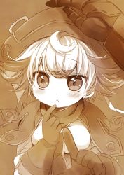Rule 34 | 1boy, 1girl, :&lt;, ahoge, blush, bondrewd, capelet, closed mouth, gloves, hat, looking at viewer, made in abyss, monochrome, pointing, pointing at viewer, pov, pov hands, prushka, sakurazawa izumi, sepia, sepia background, short hair, simple background, solo focus