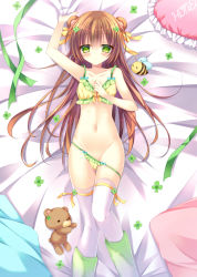 Rule 34 | 1girl, animal ears, bad id, bad pixiv id, bear, bear ears, bed sheet, bee, bikini, bikini pull, blush, bow, bow bikini, brown hair, bug, clothes pull, clover, collarbone, eyebrows, four-leaf clover, frilled bikini, frilled pillow, frills, green eyes, hair ornament, hair ribbon, hairclip, hand on own chest, insect, kohinata hoshimi, long hair, looking at viewer, lying, navel, on back, original, pillow, ribbon, solo, swimsuit, thighhighs