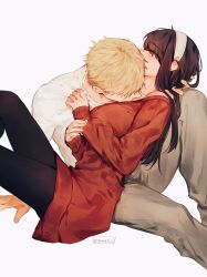 Rule 34 | 1boy, 1girl, arm support, black hair, black pantyhose, blonde hair, blush, brown pants, closed eyes, commentary, ear blush, feet out of frame, hairband, hand on another&#039;s head, hetero, highres, husband and wife, jewelry, kiss, kissing neck, knee up, leaning on person, long hair, long sleeves, maiii (smaii i), pants, pantyhose, red sweater, ring, shirt, simple background, sitting, spy x family, sweatdrop, sweater, symbol-only commentary, twilight (spy x family), twitter username, white background, white hairband, white shirt, yor briar