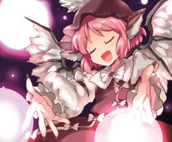 Rule 34 | 1girl, animal ears, blush, brown hat, closed eyes, danmaku, dress, fingernails, glowing, hat, mystia lorelei, open mouth, outstretched arms, outstretched hand, pink hair, sharp fingernails, shinoasa, short hair, smile, solo, touhou, wings