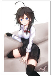 Rule 34 | 1girl, ahoge, baileys (tranquillity650), black gloves, black hair, black shorts, black thighhighs, blue eyes, blush, border, braid, breasts, casual, collarbone, collared shirt, commentary, couch, fingerless gloves, foot out of frame, gloves, hair between eyes, hair flaps, hair ornament, hair over shoulder, hair ribbon, high-waist shorts, highres, kantai collection, long hair, looking at viewer, medium breasts, meme attire, outside border, red ribbon, ribbon, shigure (kancolle), shigure kai ni (kancolle), shirt, shorts, sidelocks, signature, single braid, single fingerless glove, single glove, sitting, skirt, sleeves rolled up, smile, solo, suspender skirt, suspenders, thighhighs, virgin killer outfit, white shirt