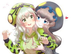 Rule 34 | 10s, 2girls, blue eyes, blush, boomslang (kemono friends), grabbing another&#039;s breast, commentary request, embarrassed, flying sweatdrops, frills, grabbing, green eyes, grey hair, heart, highres, hood, hoodie, kemono friends, komodo dragon (kemono friends), long hair, long sleeves, multiple girls, puffy sleeves, smile, sweatdrop, take mawile, upper body, white hair