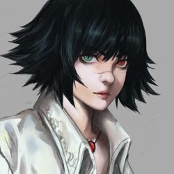 Rule 34 | 1girl, black hair, capcom, closed mouth, collared shirt, devil may cry, devil may cry (series), devil may cry 3, green eyes, grey background, heterochromia, highres, jewelry, lady (devil may cry), necklace, portrait, red eyes, red lips, rye (hyn uka), scar, scar on face, scar on nose, shirt, short hair, simple background, solo, upper body