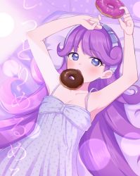 Rule 34 | 1girl, armpits, arms up, bare arms, bare shoulders, bed sheet, blue bow, blue dress, blue eyes, blue hairband, blush, bow, breasts, cleavage, collarbone, commentary request, doughnut, dress, food, food in mouth, hairband, highres, holding, holding food, kantai collection, kiratto pri chan, long hair, looking at viewer, lying, monotiina, on back, open mouth, pillow, pleated dress, pola (kancolle), polka dot, polka dot dress, pretty series, purple hair, shido mel, sleeveless, sleeveless dress, small breasts, solo, translation request, very long hair
