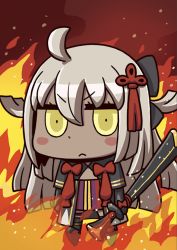Rule 34 | &gt;:(, 1girl, ahoge, april fools, black bow, blonde hair, blush stickers, bow, chibi, dark-skinned female, dark skin, fate/grand order, fate (series), fiery background, fire, hair between eyes, hair bow, highres, holding, holding sword, holding weapon, long hair, official art, okita souji alter (fate), okita souji (fate), riyo (lyomsnpmp), solo, sword, weapon, yellow eyes