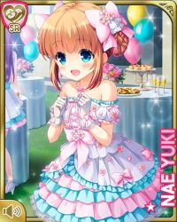 Rule 34 | 1girl, blue eyes, bow, brown hair, character name, dress, girlfriend (kari), gloves, hair bow, long hair, night, official art, open mouth, pink bow, qp:flapper, ribbon, smile, solo, standing, two side up, white dress, white legwear, yuuki nae