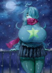 Rule 34 | 1girl, 2b-ge, ahoge, bags under eyes, breasts, cowboy shot, eyelashes, female focus, fence, green theme, hair over one eye, highres, huge breasts, mei (2b-ge), miniskirt, moon, night, original, outdoors, red scarf, scarf, skirt, sky, snow, solo, spot color, standing, star (symbol), sweater, thick thighs, thighs