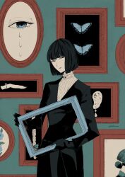 Rule 34 | 1girl, black dress, black eyes, black gloves, black hair, blue butterfly, blue eyes, blue flower, bug, butterfly, dress, flower, gghost0627, gloves, highres, holding, holding frame, insect, long sleeves, looking to the side, original, picture frame, short hair, solo, standing