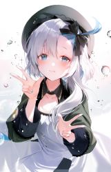 Rule 34 | 1girl, 2sham, azur lane, beret, black hat, black jacket, blue eyes, blue nails, blush, closed mouth, double w, dress, gradient background, grey background, hair between eyes, hands up, hat, jacket, libeccio (azur lane), long hair, long sleeves, looking at viewer, nail polish, parted bangs, smile, solo, w, water drop, white background, white dress, white hair