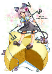Rule 34 | 1girl, animal ears, basket, capelet, cheese, dowsing rod, dress, english text, engrish text, flower, food, gem, gradient background, grey dress, grey hair, hair flower, hair ornament, jewelry, mouse, mouse ears, mouse tail, nazrin, open mouth, pendant, ranguage, red eyes, see-through, smile, solo, tail, touhou, umigarasu (kitsune1963)