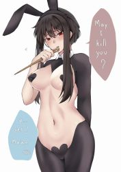 Rule 34 | 1girl, animal ears, arm behind back, asymmetrical sleeves, black hair, blush, breasts, cameltoe, commentary, english commentary, english text, fake animal ears, hair between eyes, hand up, heart maebari, heart pasties, highres, holding, holding weapon, large breasts, leotard, looking at viewer, maebari, meme attire, midknight 777 (henthaisan), navel, parted lips, pasties, playboy bunny, rabbit ears, red eyes, reverse bunnysuit, reverse outfit, short hair with long locks, shrug (clothing), simple background, solo, spy x family, weapon, white background, yor briar