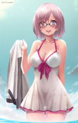 Rule 34 | 1girl, artist name, black-framed eyewear, blush, breasts, cleavage, cowboy shot, day, fate/grand order, fate (series), glasses, gluteal fold, hair over one eye, hand up, holding, large breasts, mash kyrielight, mash kyrielight (swimsuit of perpetual summer), ocean, official alternate costume, open mouth, outdoors, purple eyes, purple hair, rods, see-through, smile, solo, swimsuit, thigh gap, wading, wet, wet clothes