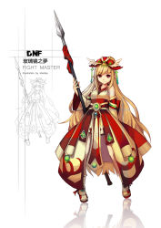 Rule 34 | 00s, 1girl, bad id, bad pixiv id, blonde hair, detached sleeves, dungeon and fighter, full body, gem, hat, highres, long hair, mage (dungeon and fighter), pointy ears, polearm, red eyes, sheltea, shoes, skirt, smile, solo, spear, standing, very long hair, weapon, white background