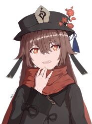 Rule 34 | 1girl, 2023, :d, black hat, black jacket, brown hair, dated, fang, flower, genshin impact, hat, hat flower, highres, hu tao (genshin impact), jacket, long hair, long sleeves, looking at viewer, open mouth, red eyes, red flower, red scarf, scarf, signature, smile, solo, star-shaped pupils, star (symbol), symbol-shaped pupils, upper body, white background, yang zheng yu