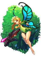 Rule 34 | 1girl, absurdres, blonde hair, bow (weapon), braid, butterfly wings, commentary, crossbow, detached sleeves, fairy, flower, gem, grass, head wreath, highres, holding, holding bow (weapon), holding crossbow, holding weapon, insect wings, leotard, long hair, long sleeves, mercedes (odin sphere), odin sphere, open mouth, pointy ears, puffy sleeves, red eyes, shoes, solo, splish, tree, twin braids, weapon, white footwear, wings