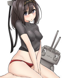Rule 34 | 1girl, absurdres, akizuki (kancolle), arms between legs, black hair, black shirt, blush, breasts, chestnut mouth, collarbone, commentary request, covered erect nipples, female focus, full body, hair between eyes, hairband, highres, kantai collection, kiritto, long hair, looking at viewer, medium breasts, nipples, panties, purple eyes, red panties, see-through, shirt, short sleeves, simple background, sitting, solo, underwear, white background