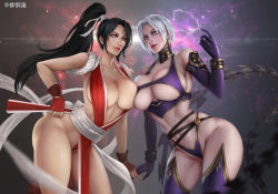 Rule 34 | 2girls, asymmetrical docking, bad id, bad pixiv id, black hair, breast press, breasts, cleavage, crossover, detached collar, fatal fury, folded fan, folding fan, goatwillow, hand fan, hand on own hip, huge breasts, isabella valentine, large breasts, long hair, midriff peek, multiple girls, no bra, pale skin, pelvic curtain, ponytail, revealing clothes, shiranui mai, sideboob, soul calibur, standing, thighs, underboob