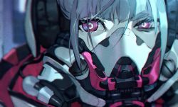 Rule 34 | 1girl, android, blurry, close-up, colored skin, depth of field, gas mask, glowing, glowing eyes, grey hair, highres, looking at viewer, mask, mouth mask, original, pink eyes, portrait, ringed eyes, science fiction, solo, summergoat, white skin
