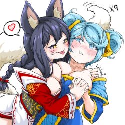 Rule 34 | 2girls, ahri (league of legends), animal ears, bare shoulders, blue hair, blush, bow, braid, breasts, commentary request, facial mark, fox ears, hair bow, hatching (texture), heart, holding hands, korea, korean commentary, large breasts, league of legends, light blue hair, lolboja, long hair, low neckline, multiple girls, signature, simple background, slit pupils, sona (league of legends), speech bubble, tail, tongue, tongue out, twintails, upper body, whisker markings, white background, yellow eyes