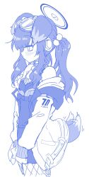 Rule 34 | 1girl, animal ears, bare shoulders, belt collar, blue archive, blush, closed mouth, collar, cowboy shot, dog ears, dog girl, dog tail, goggles, goggles on head, hariyaa, hibiki (blue archive), highres, jacket, long sleeves, monochrome, off shoulder, open clothes, open jacket, pantyhose, sidelocks, simple background, sleeves past wrists, solo, standing, tail, tail wagging, twintails