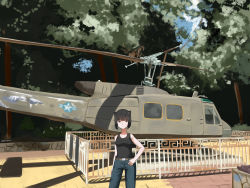 Rule 34 | 1girl, absurdres, aircraft, animal ears, axis powers hetalia, bad id, bad pixiv id, black eyes, black hair, blunt bangs, bob cut, commentary, denim, hand on own hip, helicopter, highres, jeans, looking at viewer, military, original, pants, photo-referenced, railing, shadow, shiden21gata, short hair, signature, solo, tank top, tree, twitter username, uh-1 iroquois, vietnam (hetalia), vietnam war