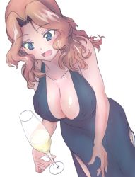 Rule 34 | 1girl, :d, alcohol, blonde hair, blue dress, blue eyes, breasts, champagne, champagne flute, cleavage, commentary, cup, dress, drinking glass, dutch angle, formal, girls und panzer, hair intakes, halterneck, highres, holding, holding cup, kay (girls und panzer), kyougi sharyou, large breasts, long dress, long hair, looking at viewer, open mouth, side slit, simple background, sleeveless, sleeveless dress, smile, solo, standing, white background