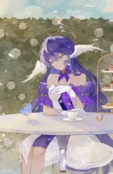 Rule 34 | 1girl, absurdres, bare shoulders, bead bracelet, beads, bird, bracelet, choker, commentary, cup, detached sleeves, dress, feet out of frame, gloves, green eyes, head tilt, head wings, highres, honkai: star rail, honkai (series), jewelry, long hair, purple choker, purple hair, robin (honkai: star rail), short sleeves, sitting, smile, solo, strapless, strapless dress, table, teacup, tiered tray, tuha16, very long hair, white dress, white gloves, wings