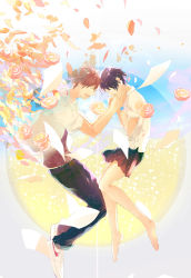 Rule 34 | 1boy, 1girl, :d, ^ ^, air bubble, bare legs, barefoot, belt, black hair, black pants, black skirt, bubble, circle, closed eyes, commentary request, couple, crying, djyui, closed eyes, floating, flower, forehead-to-forehead, full body, hand on own chest, hands on another&#039;s cheeks, hands on another&#039;s face, happy, heads together, hetero, highres, konno makoto, light brown hair, mamiya chiaki, open mouth, pants, paper, petals, pink flower, pink rose, pleated skirt, rose, sad, school uniform, shirt, shoes, short hair, skirt, smile, sneakers, tears, toki wo kakeru shoujo, uniform, very short hair, white footwear, white shirt