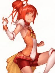 Rule 34 | 10s, 1girl, :t, bike shorts, breasts, cure sunny, flat chest, fumio (rsqkr), hino akane (smile precure!), long hair, orange skirt, orange theme, precure, red eyes, red hair, red shorts, short hair, shorts, simple background, skirt, small breasts, smile precure!, solo, white background, white legwear