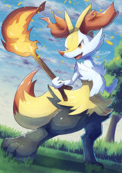Rule 34 | 1girl, absurdres, animal ear fluff, animal feet, animal hands, animal nose, artist name, black fur, blue sky, body fur, braixen, cloud, creatures (company), day, dutch angle, embers, fangs, female focus, fire, flat chest, full body, furry, furry female, game freak, gen 6 pokemon, grass, hand up, happy, highres, holding, holding stick, legs apart, looking to the side, multicolored fur, neck fur, nintendo, open mouth, outdoors, pokemon, pokemon (creature), red eyes, signature, sky, smile, snout, solo, standing, stick, tanpakuroom, tree, white fur, yellow fur
